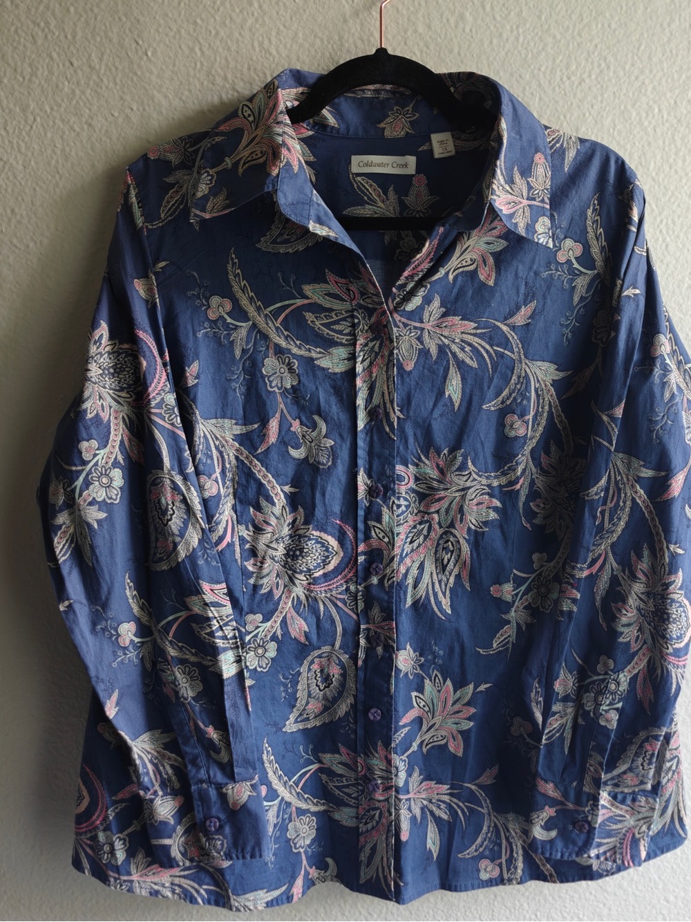 Coldwater Creek Blue Paisley Floral Lightweight Button-Down Top